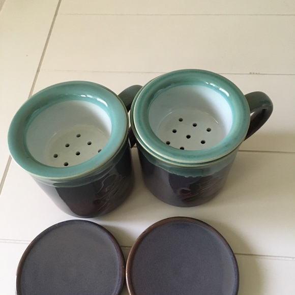 Kotobuki Japanese Ceramic Tea Mugs With Strainer Set of 2 Blue Purple Green - Picture 3 of 8